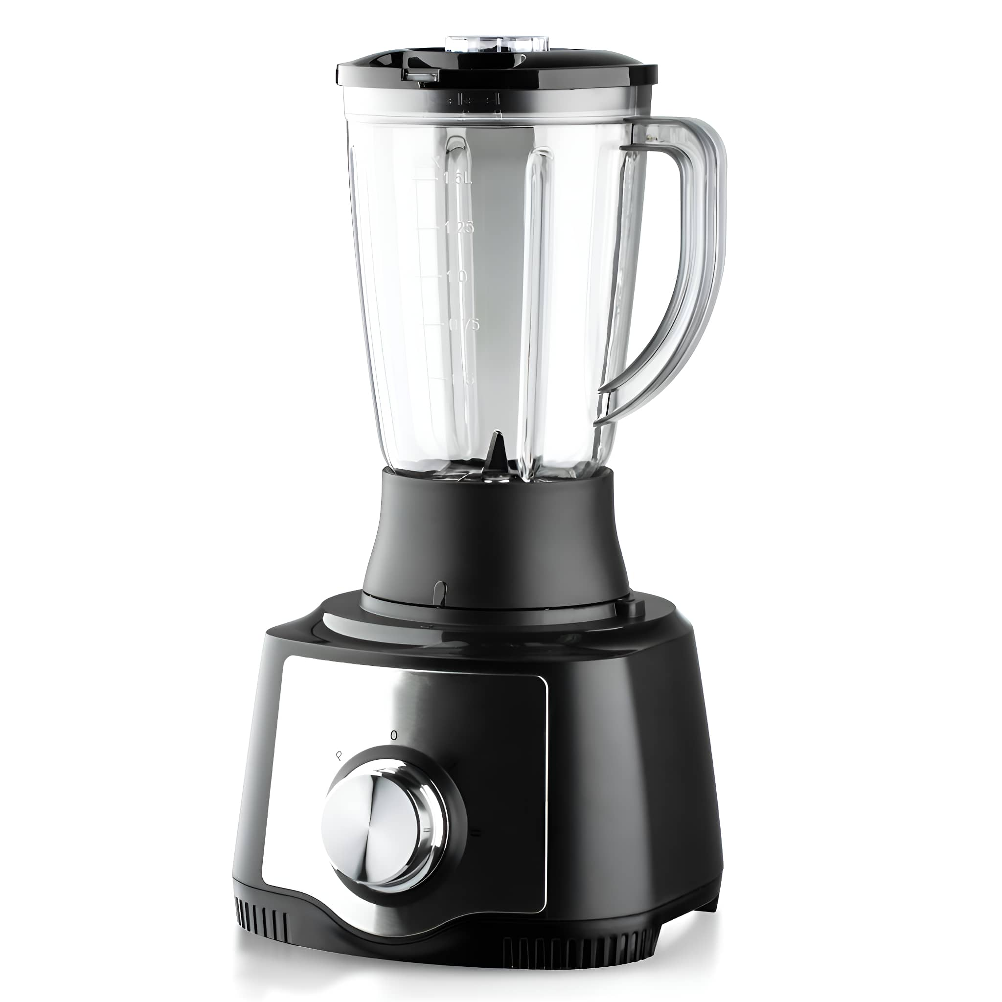 Schwarzer Mixer mit Glaskrug, Chromdetails auf weißem Hintergrund.