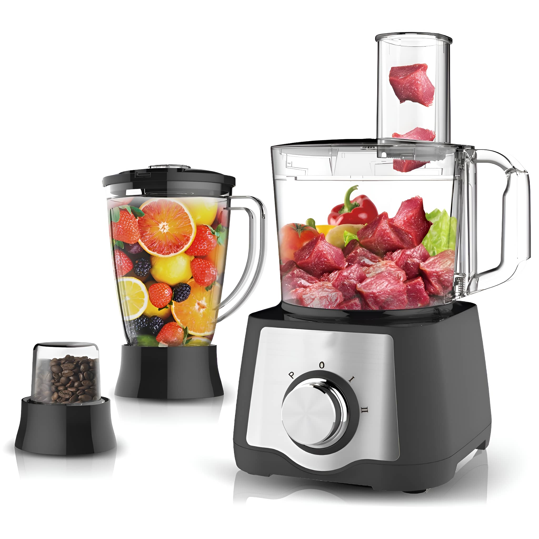 Küchenmaschine mit Mixer und Mahlwerk. Der Prozessor ist mit rohem Fleisch, Früchten und Kaffeebohnen gefüllt.