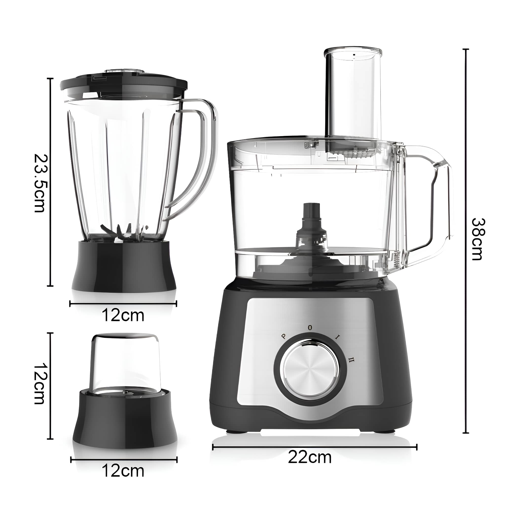 Ein Set Küchengeräte, ein Mixer, eine Küchenmaschine und ein kleiner Zerkleinerer. Sie sind schwarz und silber.