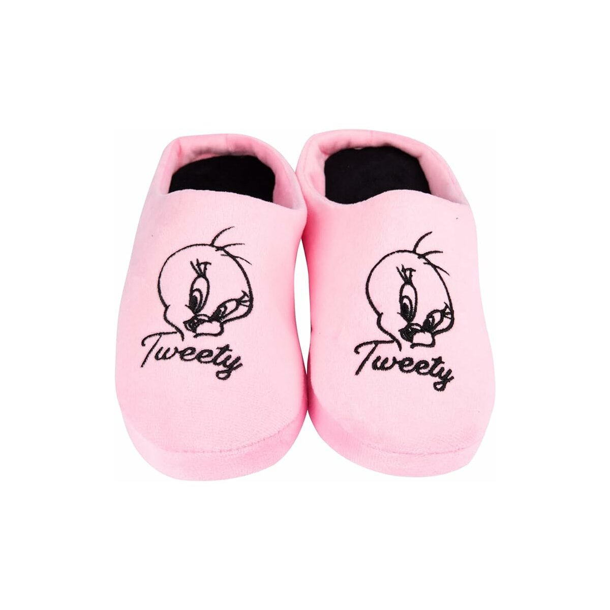 Een paar roze Tweety Bird-slippers met het gezicht van het personage geborduurd.