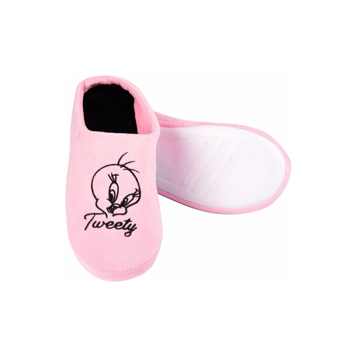 Roze Tweety-pantoffels. Eén pantoffel is ondersteboven en toont de onderkant.
