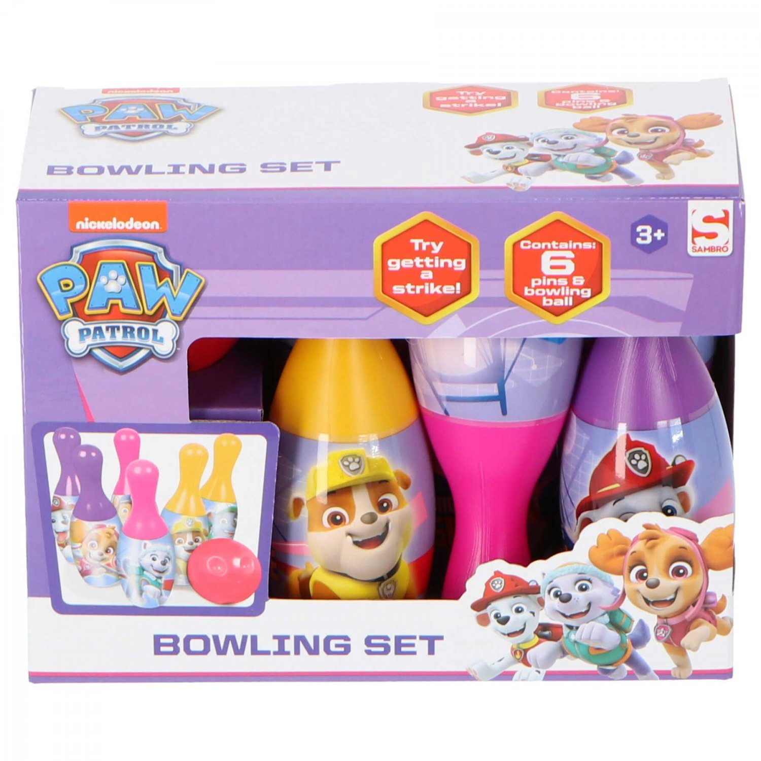 Ein Paw Patrol Bowling-Set in seiner Verpackung, mit Pins, einem Ball und Charakterbildern.