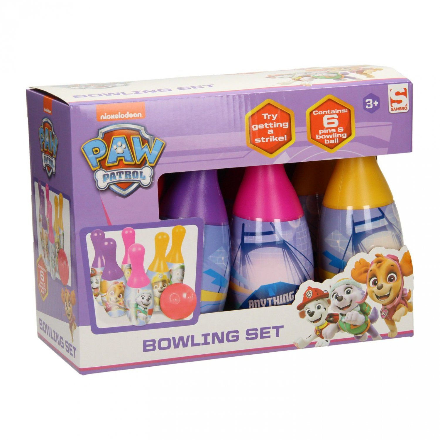 Paw Patrol Bowling-Set in einer Box. Die Box hat Kegel und einen Ball. Weißer Hintergrund.
