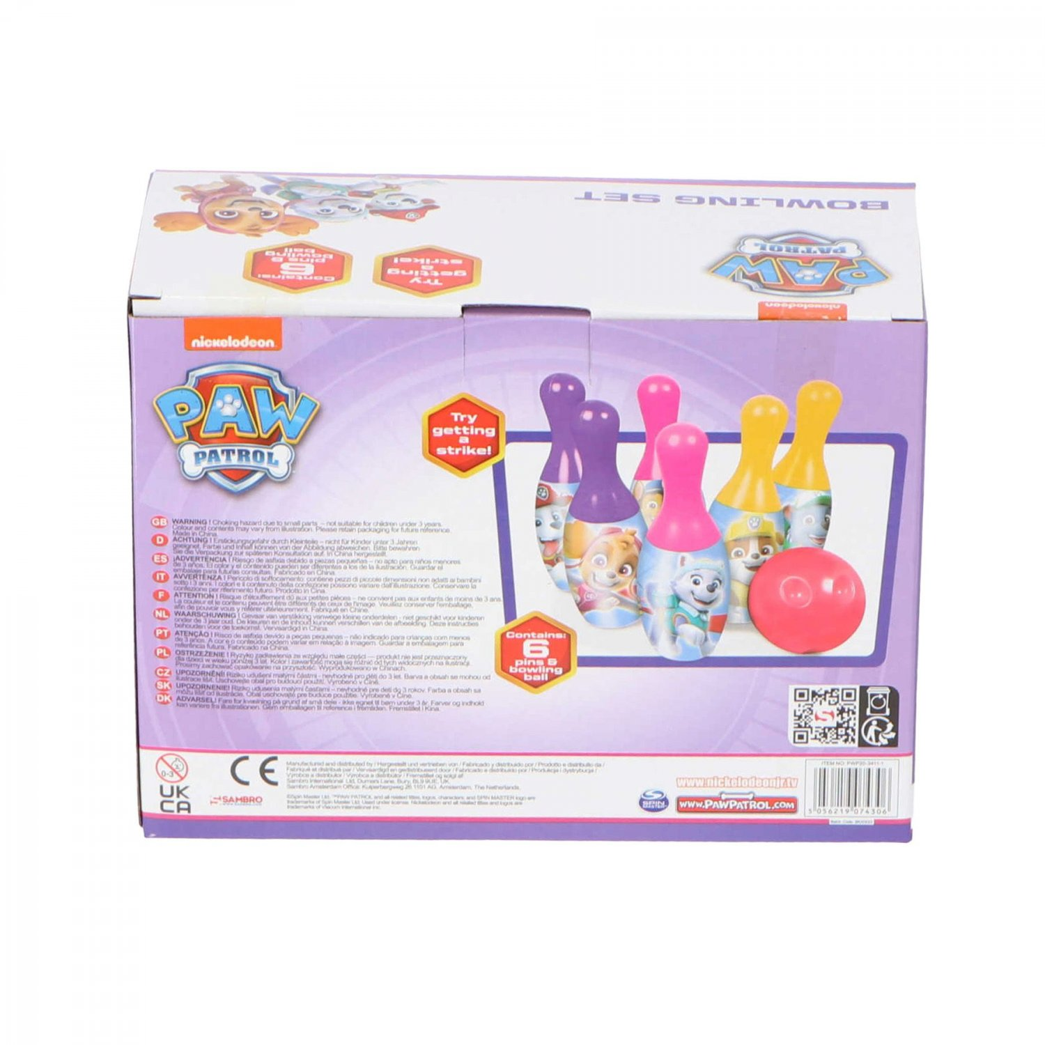 Eine Paw Patrol Bowling-Set-Box mit Bowlingkegeln und einem rosa Ball. Weißer Hintergrund.