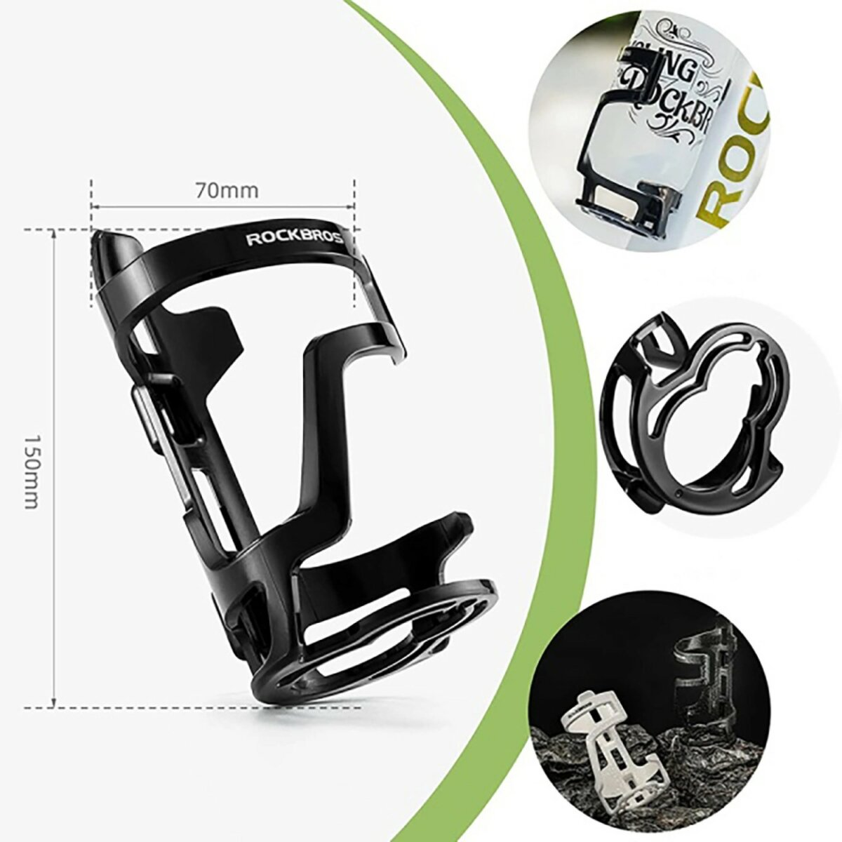 Schwarzer ROCKBROS Fahrrad-Flaschenhalter mit Abmessungen. Enthält Nahaufnahmen des Halters und einer Flasche.