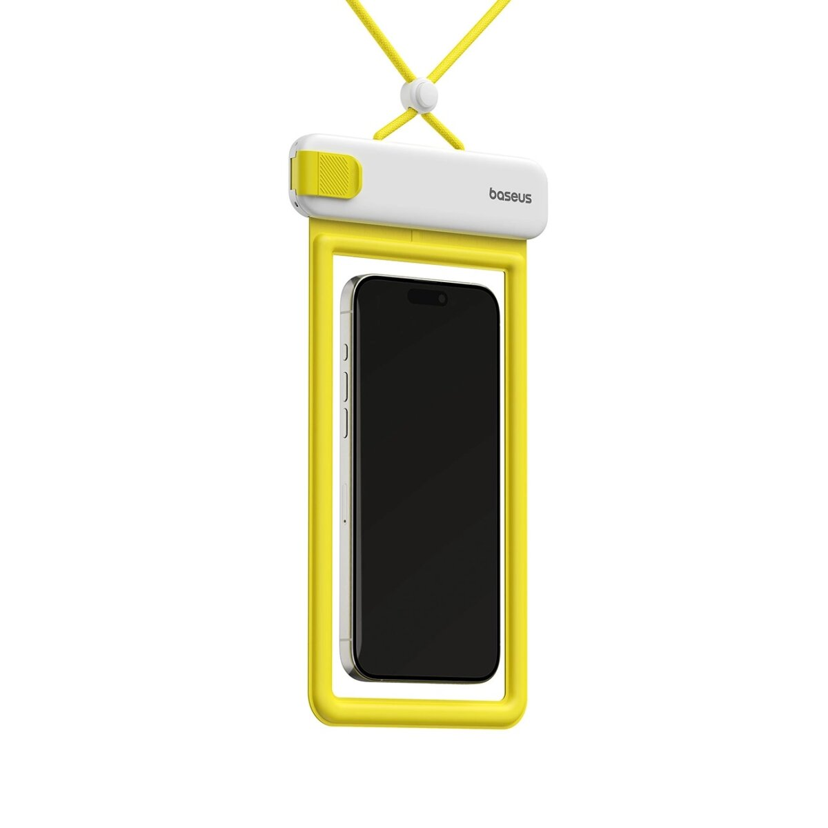 Custodia impermeabile gialla con telefono nero all'interno, appesa con un cordino giallo.