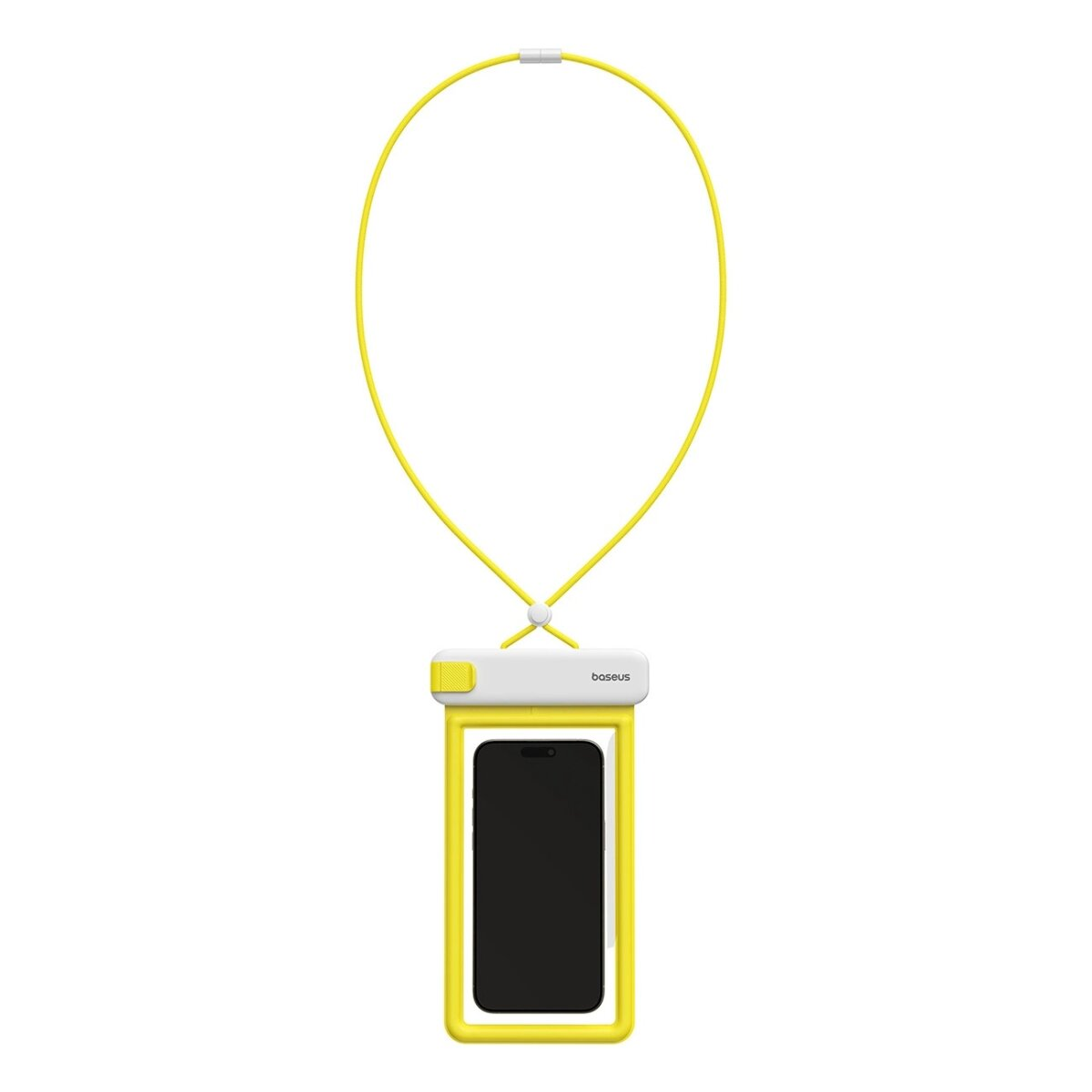 Custodia per telefono gialla con telefono nero all'interno, collegata a un cinturino giallo.