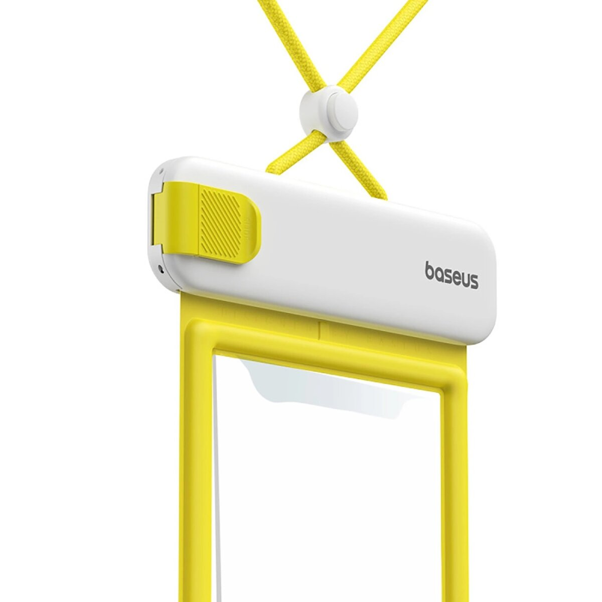 Custodia per telefono impermeabile gialla e bianca con cordino giallo. Il marchio "baseus" è visibile.