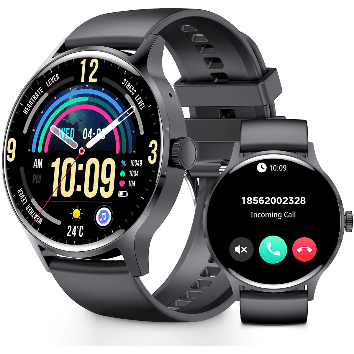Smartwatch, das Uhrzeit, Datum und Gesundheitsmetriken anzeigt. Eine separate Uhr zeigt einen Anruf.