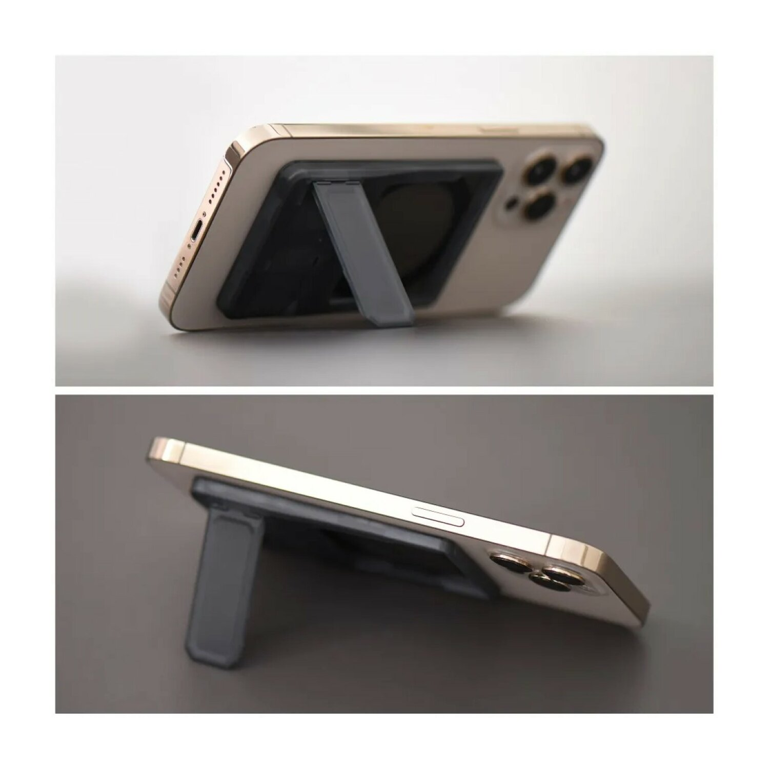 Goldenes Telefon mit grauem Ständer. Zeigt Telefon in zwei Positionen, aufrecht und abgewinkelt.