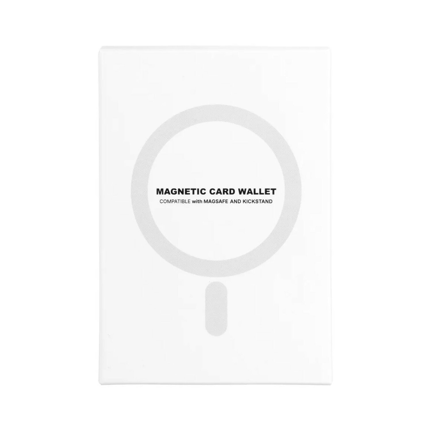 Ein weißes Kartenetui mit den Worten 'Magnetic Card Wallet' und einem kreisförmigen Design.