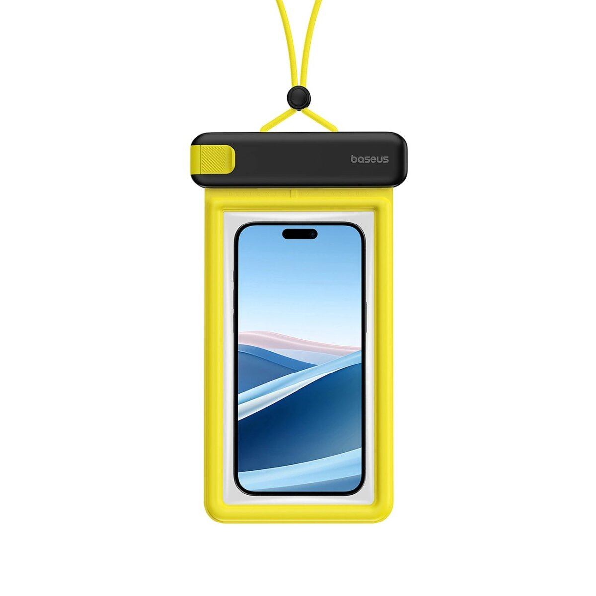 Custodia per telefono gialla e nera con un telefono all'interno. Ha un laccetto giallo.