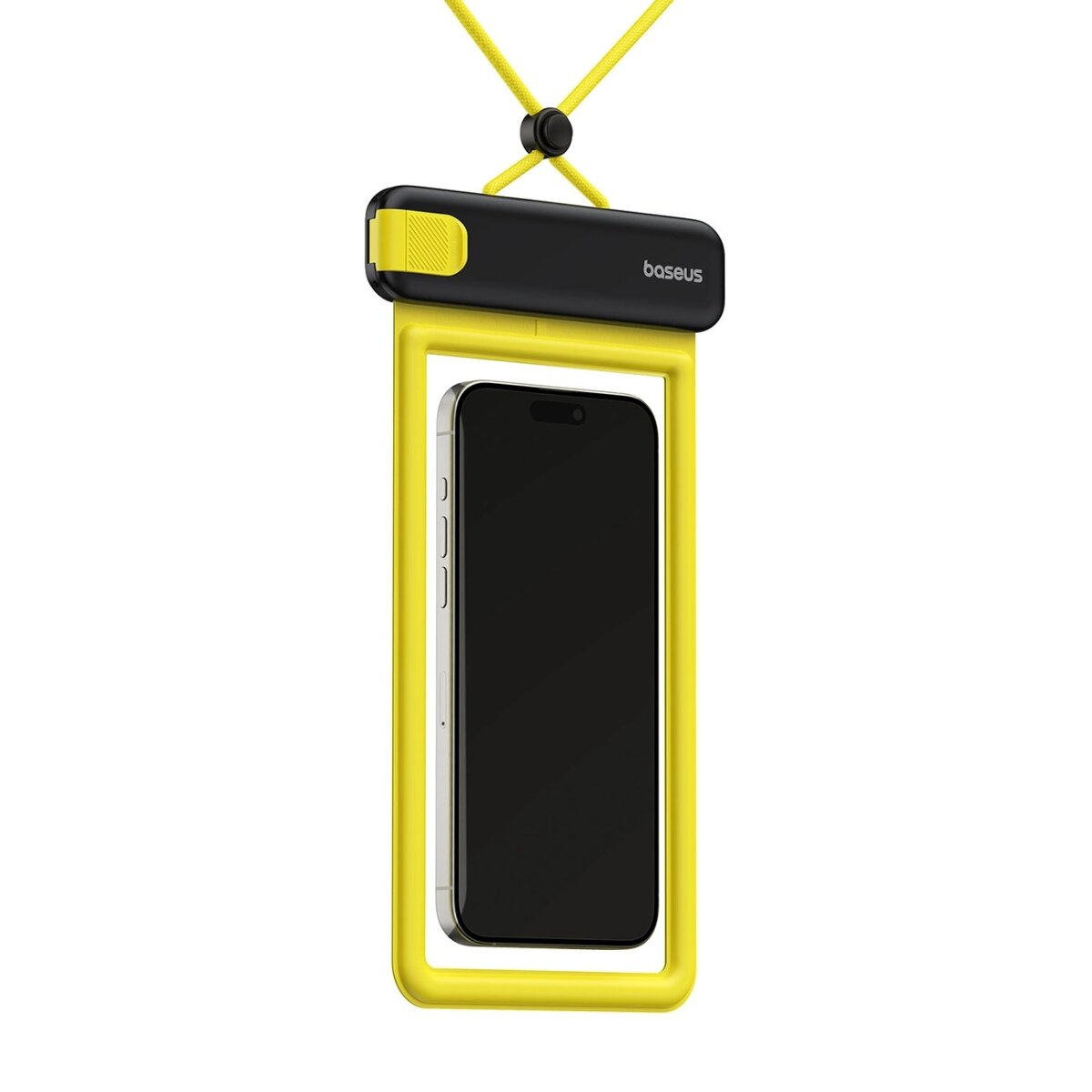 Custodia impermeabile gialla con parte superiore nera e telefono all'interno.