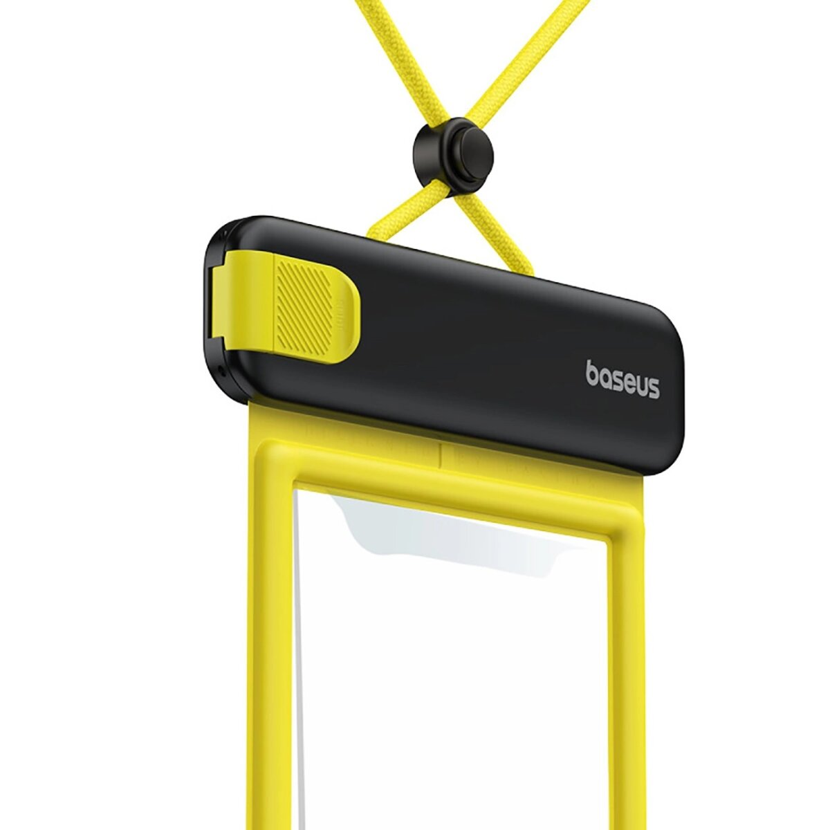 Una custodia impermeabile per telefono giallo e nero con un cordino giallo, appesa su sfondo bianco.