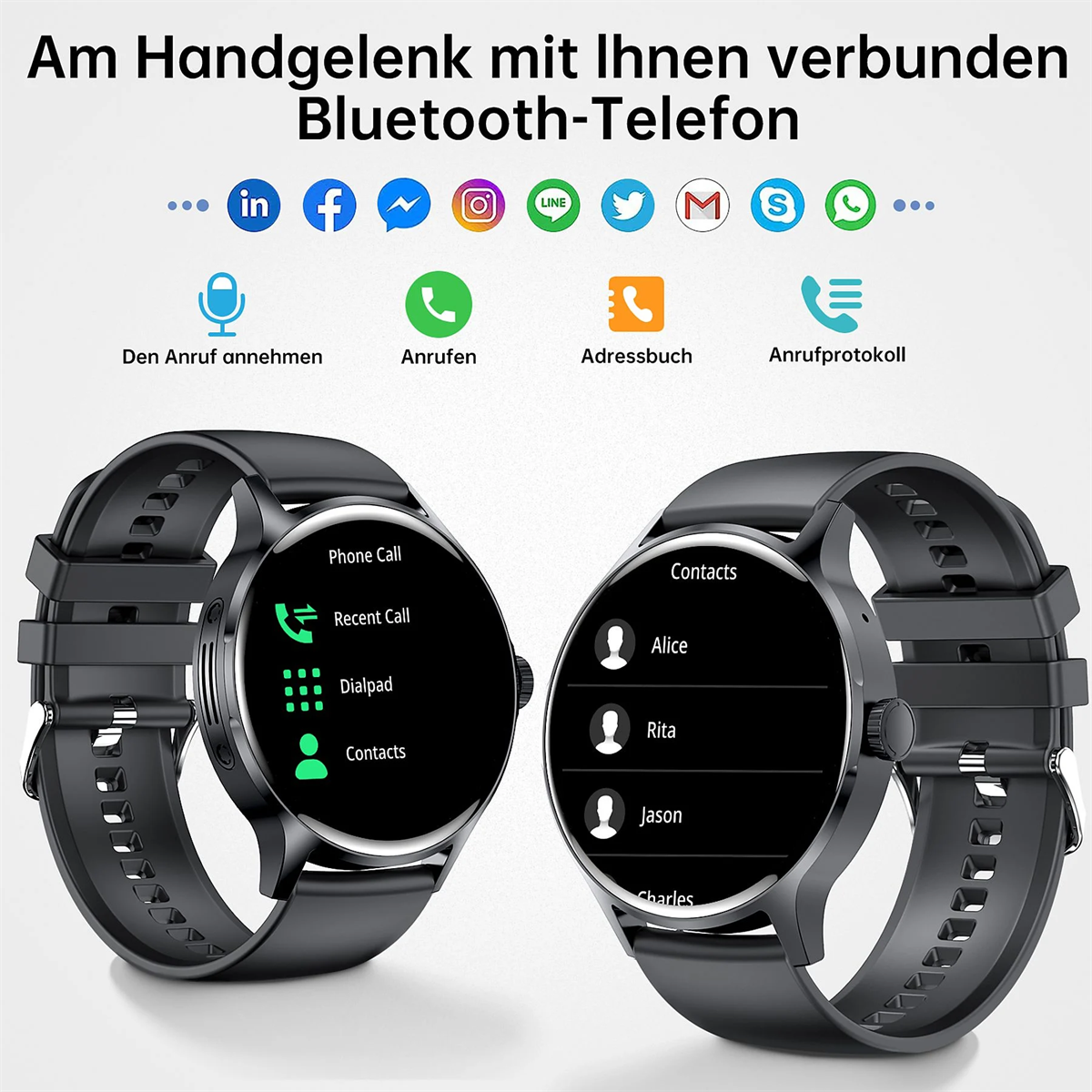 Zwei Smartwatches, die verschiedene Oberflächen anzeigen. Eine zeigt Anrufliste und Wähltastatur, die andere Kontakte.
