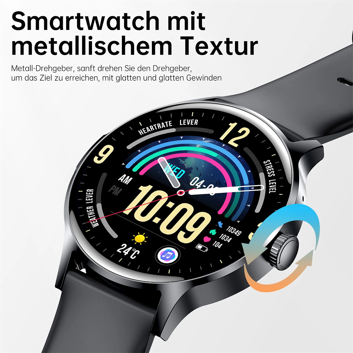 Smartwatch mit digitaler Anzeige, die Zeit, Wetter und Herzfrequenz anzeigt. Schwarzes Armband und Details.