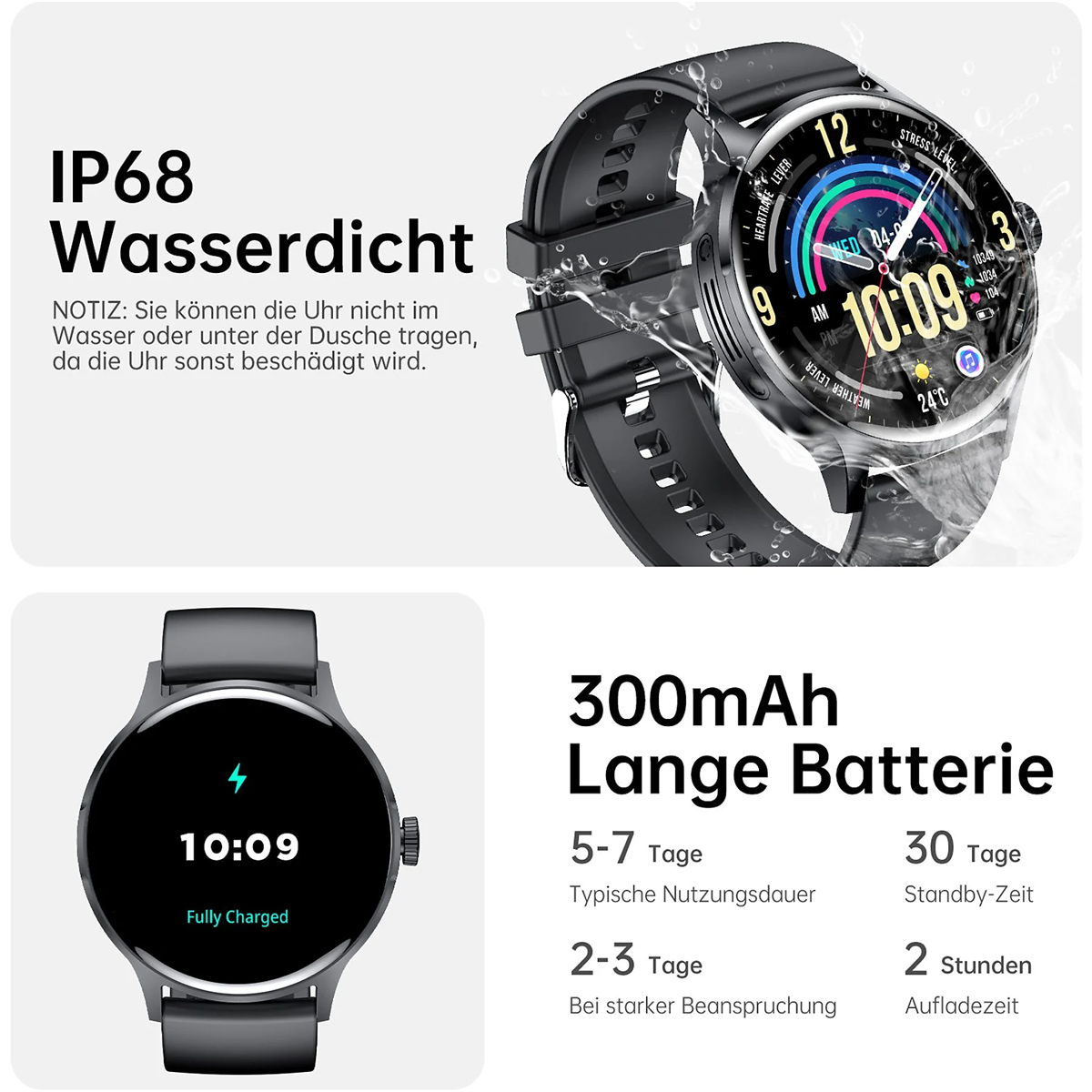 Eine schwarze Smartwatch mit Digitalanzeige, die Zeit und Gesundheitsmetriken zeigt. Informationen daneben.