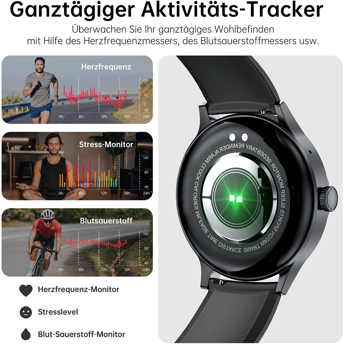 Smartwatch mit Gesundheitsdatendiagrammen und -symbolen, mit schwarzem Armband.