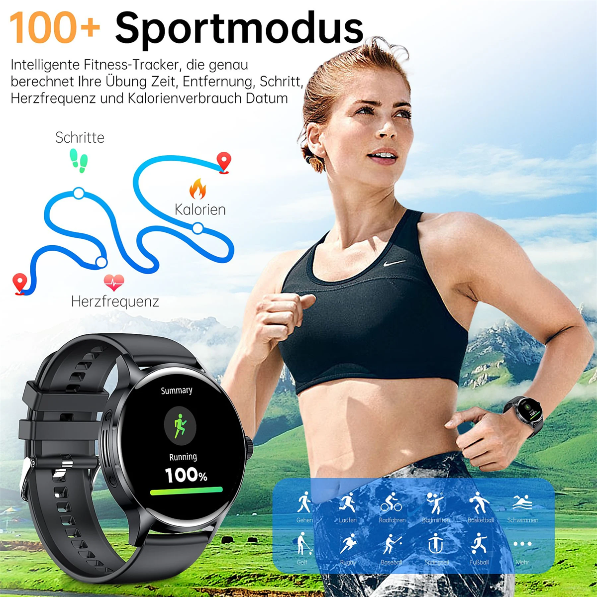 Frau läuft mit schwarzer Smartwatch. Uhr zeigt Laufdaten. Text: 100+ Sportmodus. Diagramme von Schritten, Kalorien und Herzfrequenz.