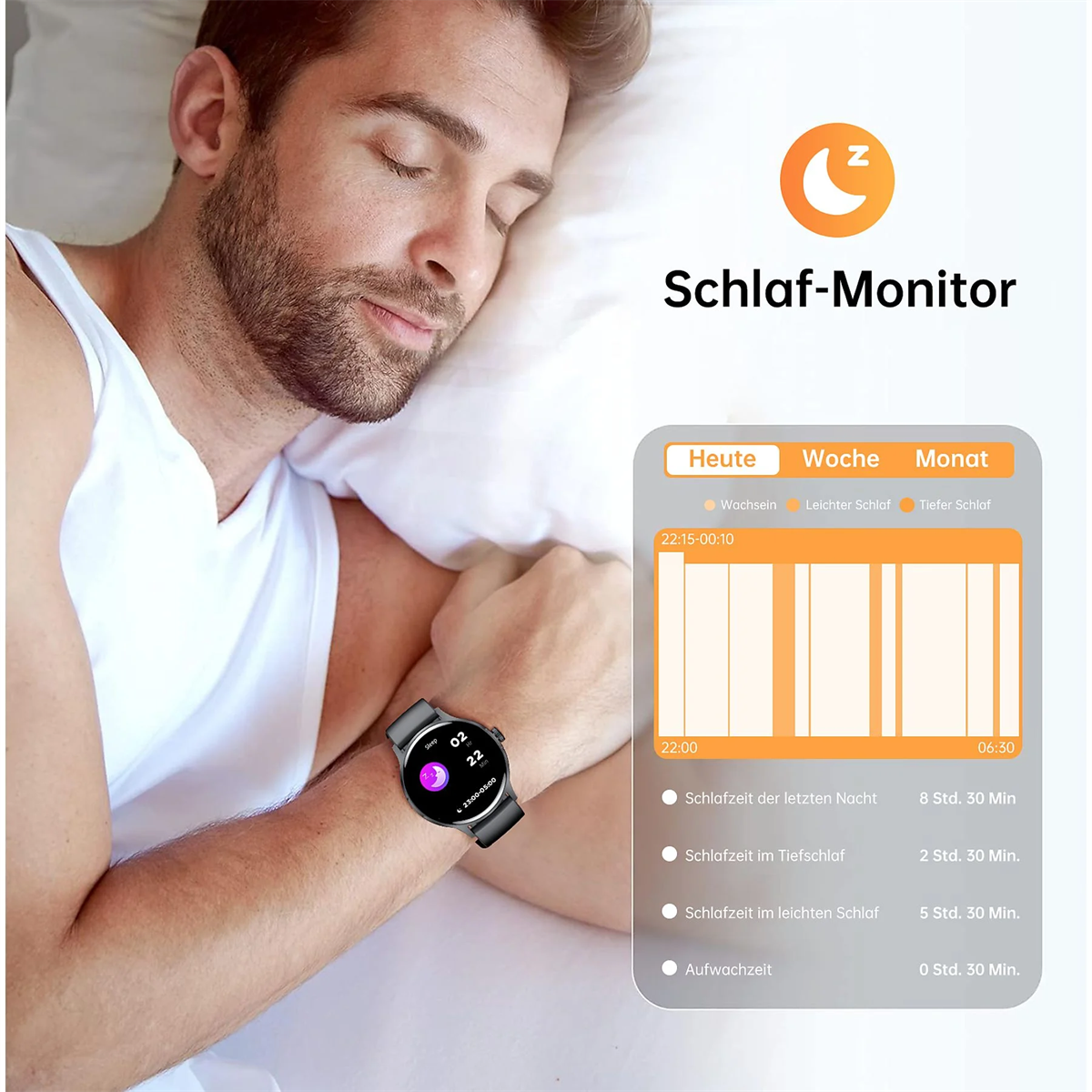 Mann schläft mit Smartwatch. Daten zeigen Schlafphasen. Text auf Deutsch: Schlaf-Monitor.