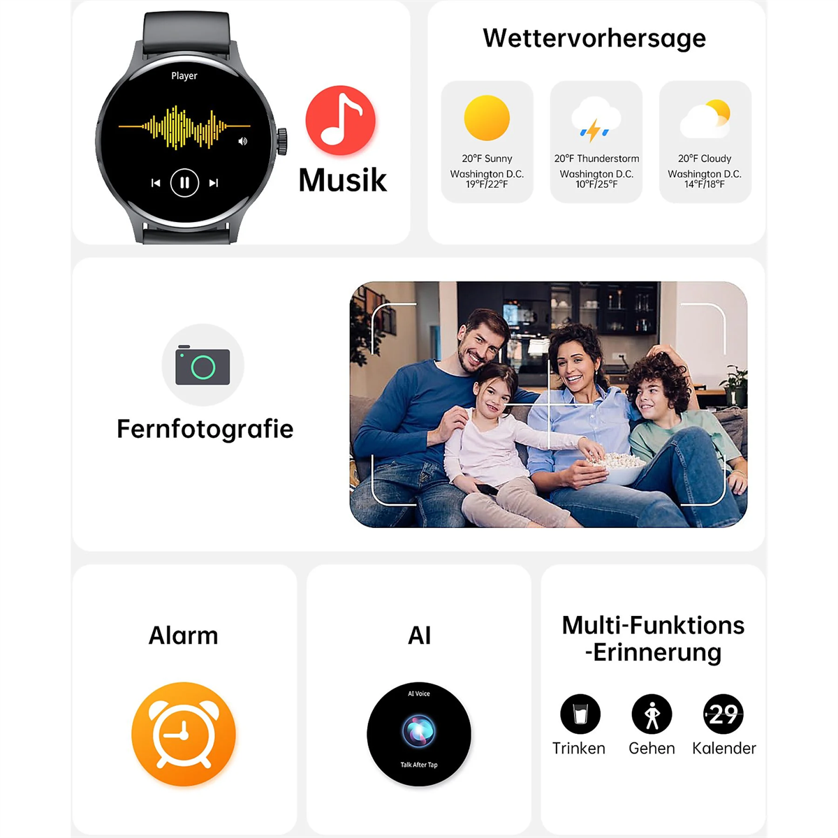 Smartwatch, das Musiksteuerung, Wettervorhersagen und ein Familienfoto anzeigt. Symbole für Funktionen werden angezeigt.