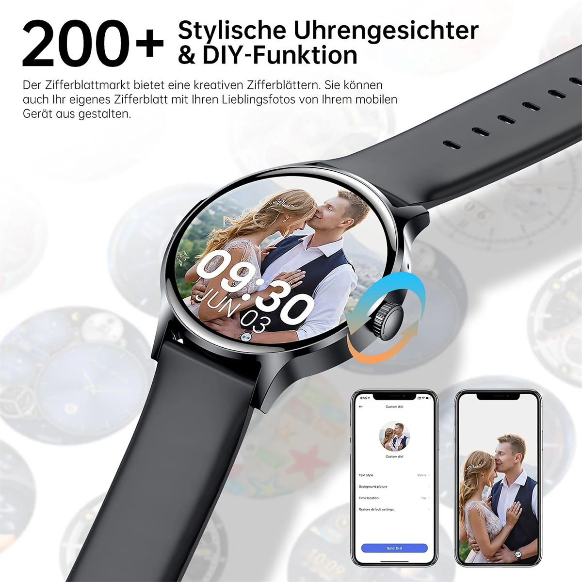 Smartwatch mit anpassbarem Zifferblatt. Zeigt ein Paar-Foto und Datum. Schwarzes Armband, Drehrad.