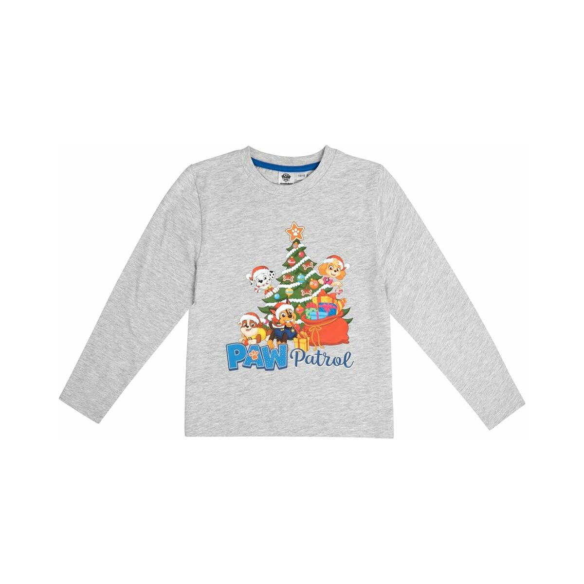 Graues Langarmshirt mit Paw Patrol-Charakteren und Weihnachtsbaum. Weißer Hintergrund.