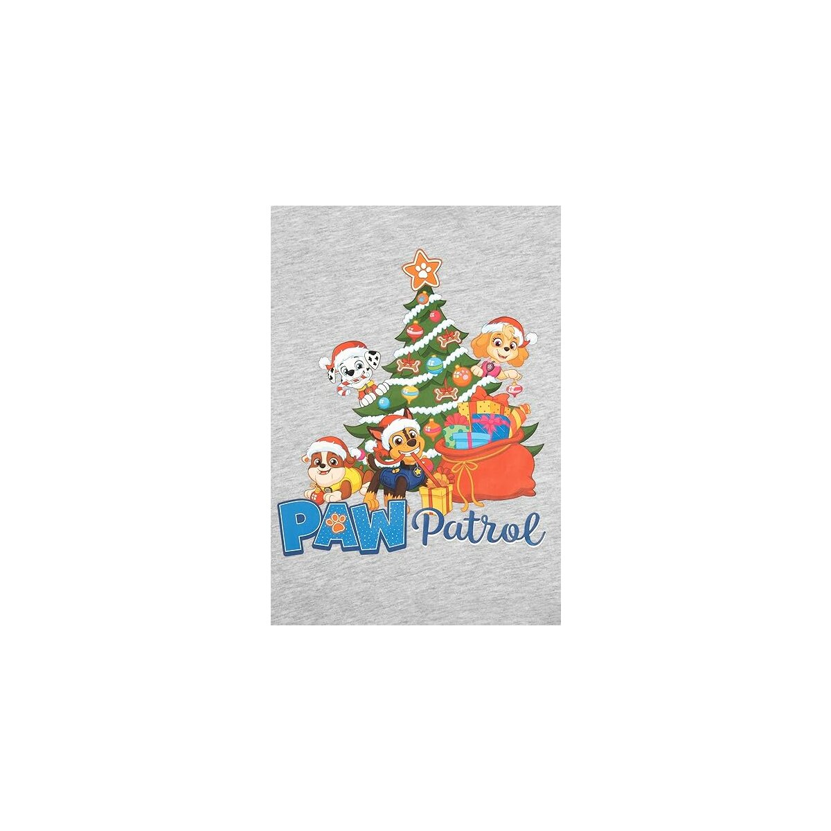 Paw Patrol Charaktere um einen Weihnachtsbaum. Geschenke und eine Tasche sind vorhanden. Logo sichtbar.