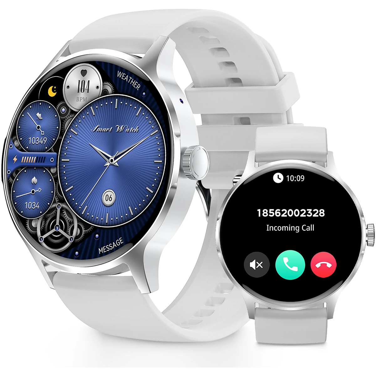 Zwei weiße Smartwatches, eine zeigt eingehenden Anruf.