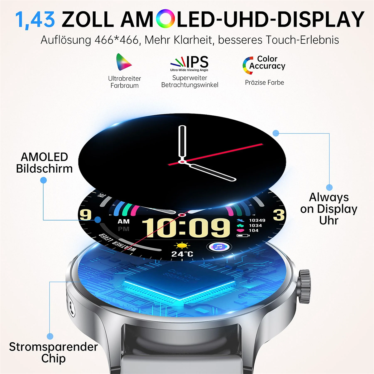 Nahaufnahme eines Smartwatch-Bildschirms mit Uhrzeit, Datum und Gesundheitsdaten.