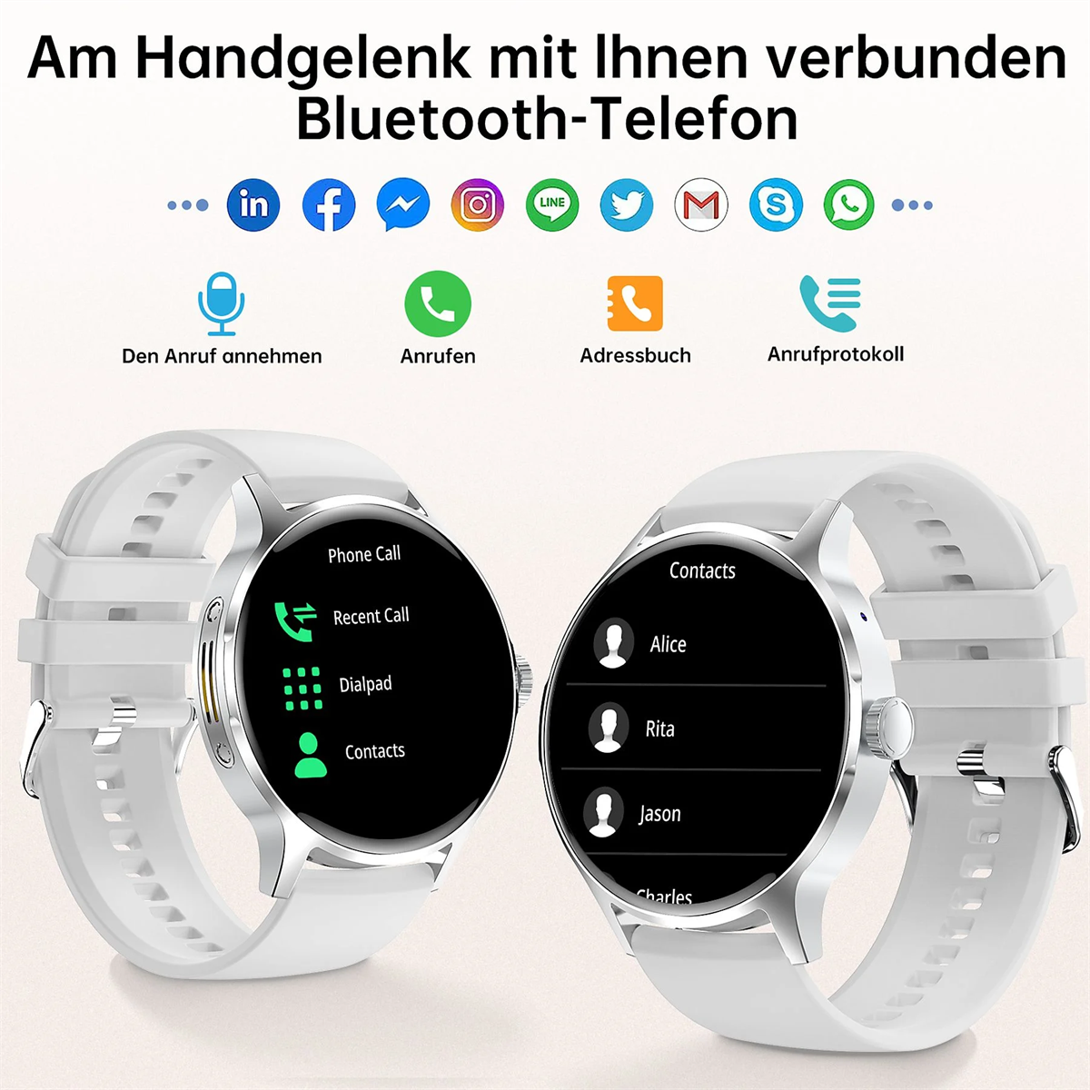 Zwei Smartwatches mit weißen Armbändern. Die Bildschirme zeigen verschiedene Anruf- und Kontaktdetails.