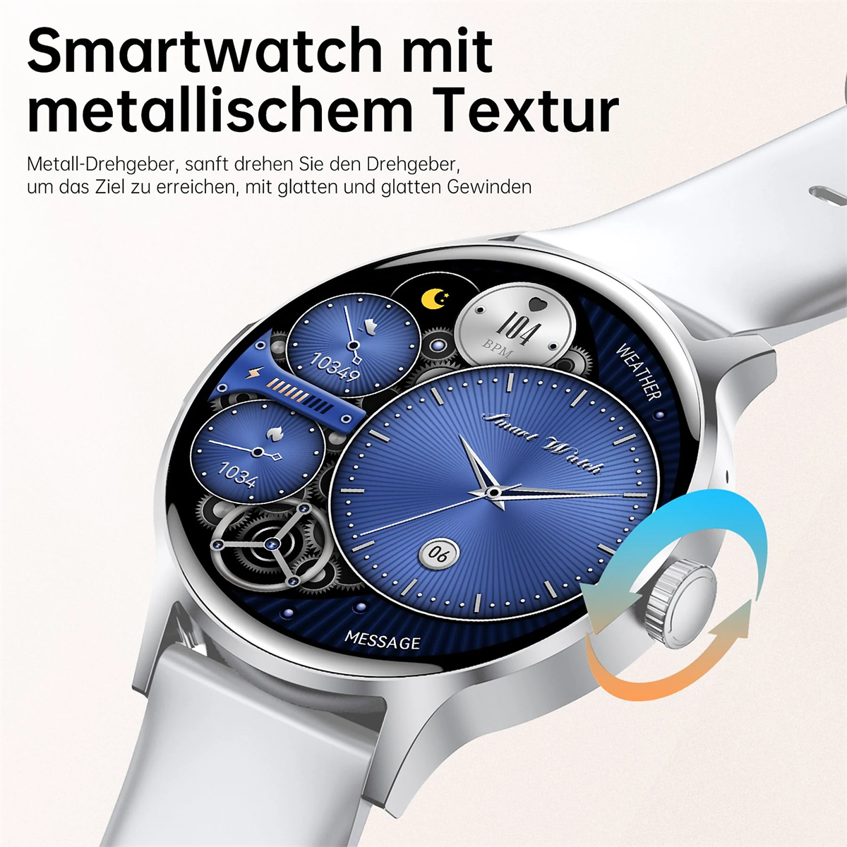 Smartwatch mit blauem Zifferblatt, weißem Armband. Zeigt Zeit, Wetter und Herzfrequenz an. Metallische Textur.