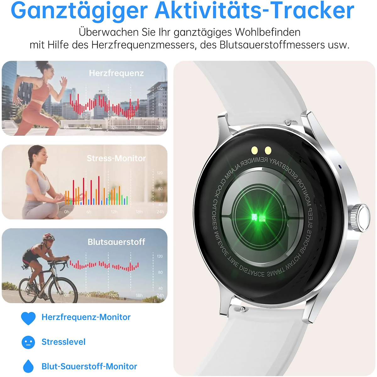 Smartwatch mit Herzfrequenz-, Stress- und Blutsauerstoff-Diagrammen. Diagramme an der Seite.