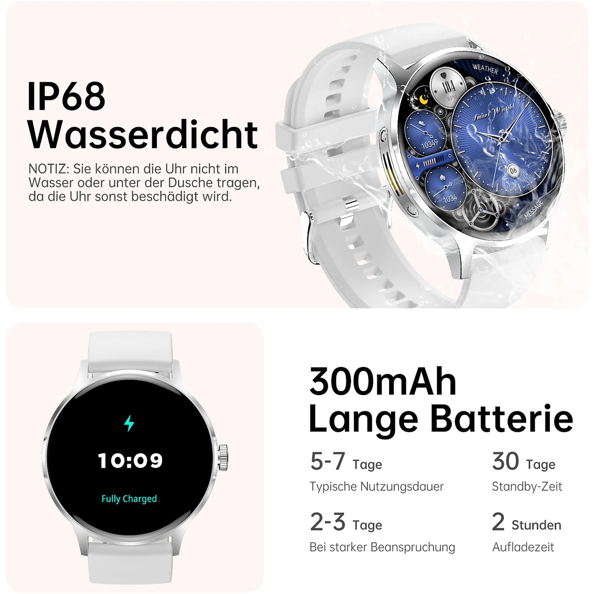 Weiße Smartwatch mit Informationen auf dem Bildschirm und Text zur Akkulaufzeit.