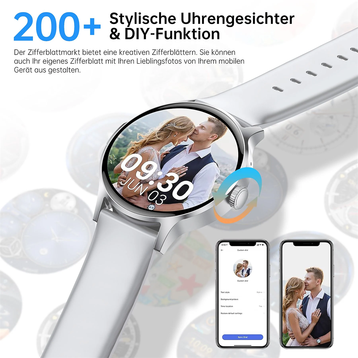 Smartwatch zeigt ein Hochzeitsfoto auf dem Bildschirm. Die Uhr ist silberfarben, mit weißem Armband. Zusätzliche Telefone.