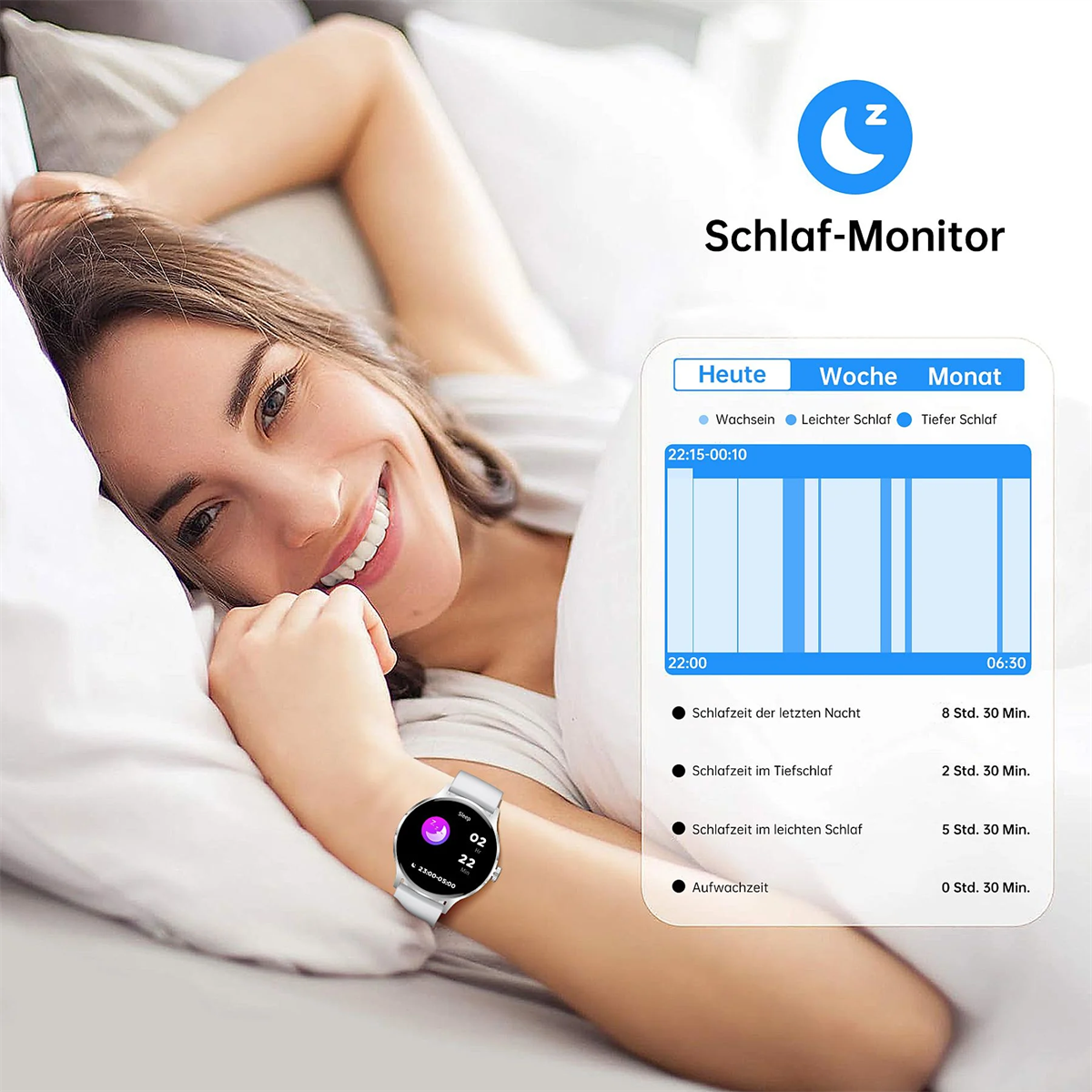 Eine Frau mit Smartwatch, die ihren Schlaf überwacht.