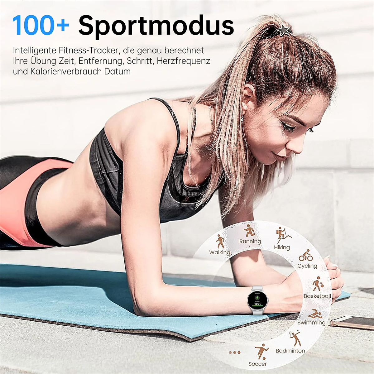 Eine Frau macht eine Plank-Übung. Eine Smartwatch am Handgelenk zeigt verschiedene Sportmodi.