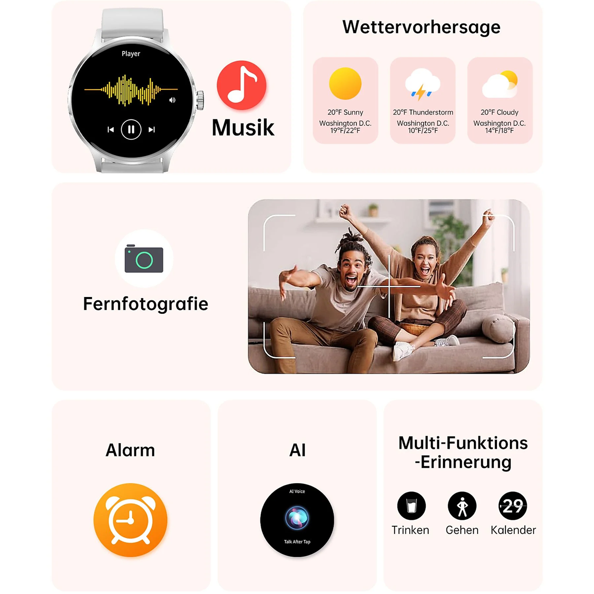 Eine Smartwatch, die Musik, Wettervorhersage und andere App-Symbole auf weißem Hintergrund zeigt.