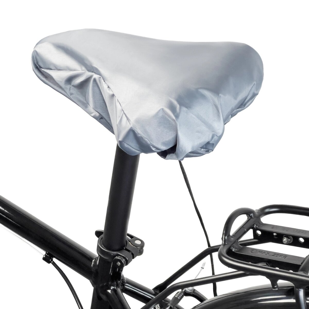 Silberne Fahrradsitzabdeckung auf einem schwarzen Fahrrad. Die Abdeckung bedeckt den Sitz.