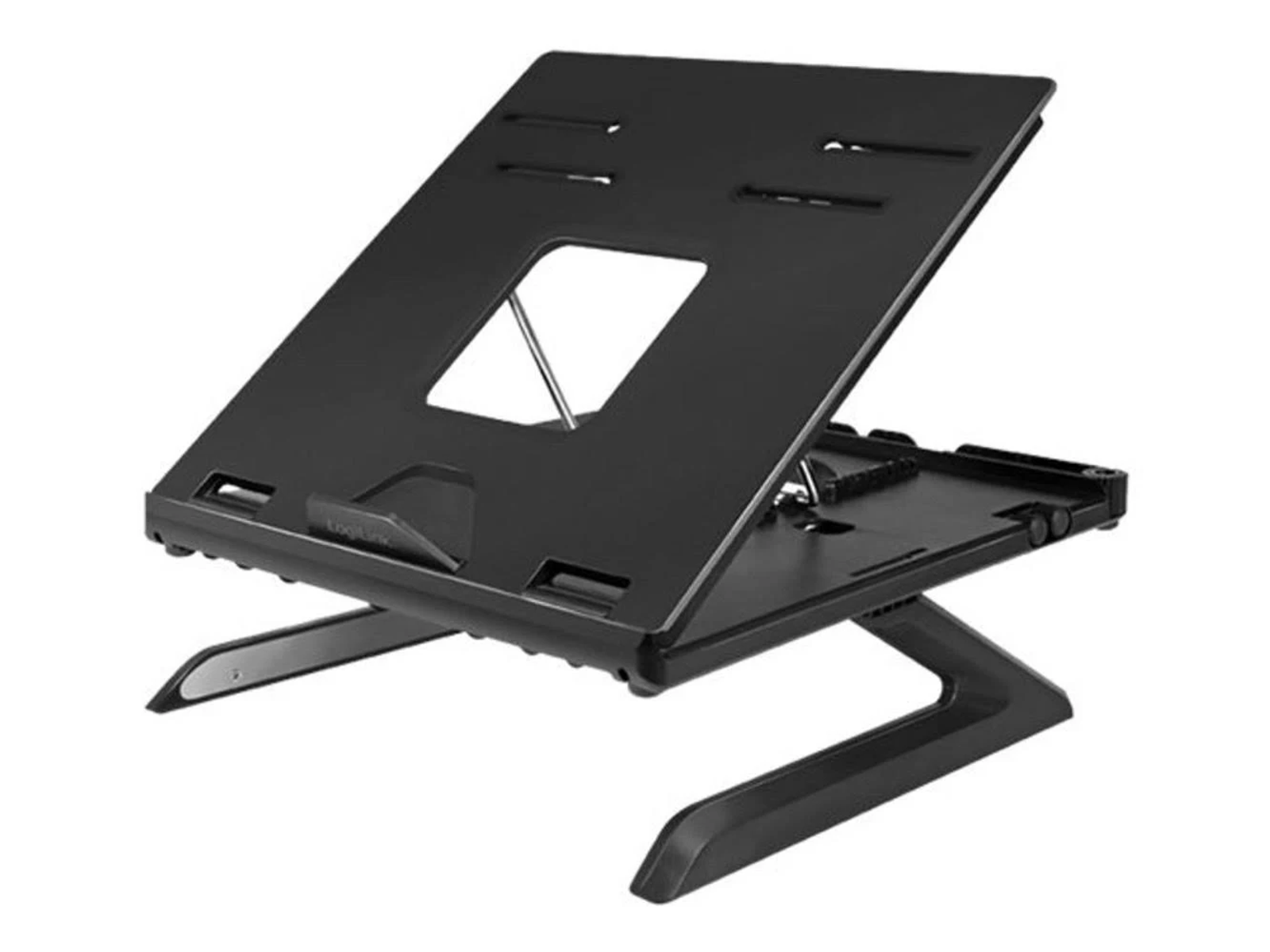 Czarna podstawka na laptopa o regulowanej konstrukcji.