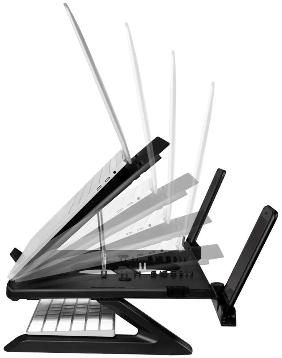 Czarny stojak na laptopa z regulowanymi kątami. Taca na klawiaturę i uchwyt na telefon. Białe tło.