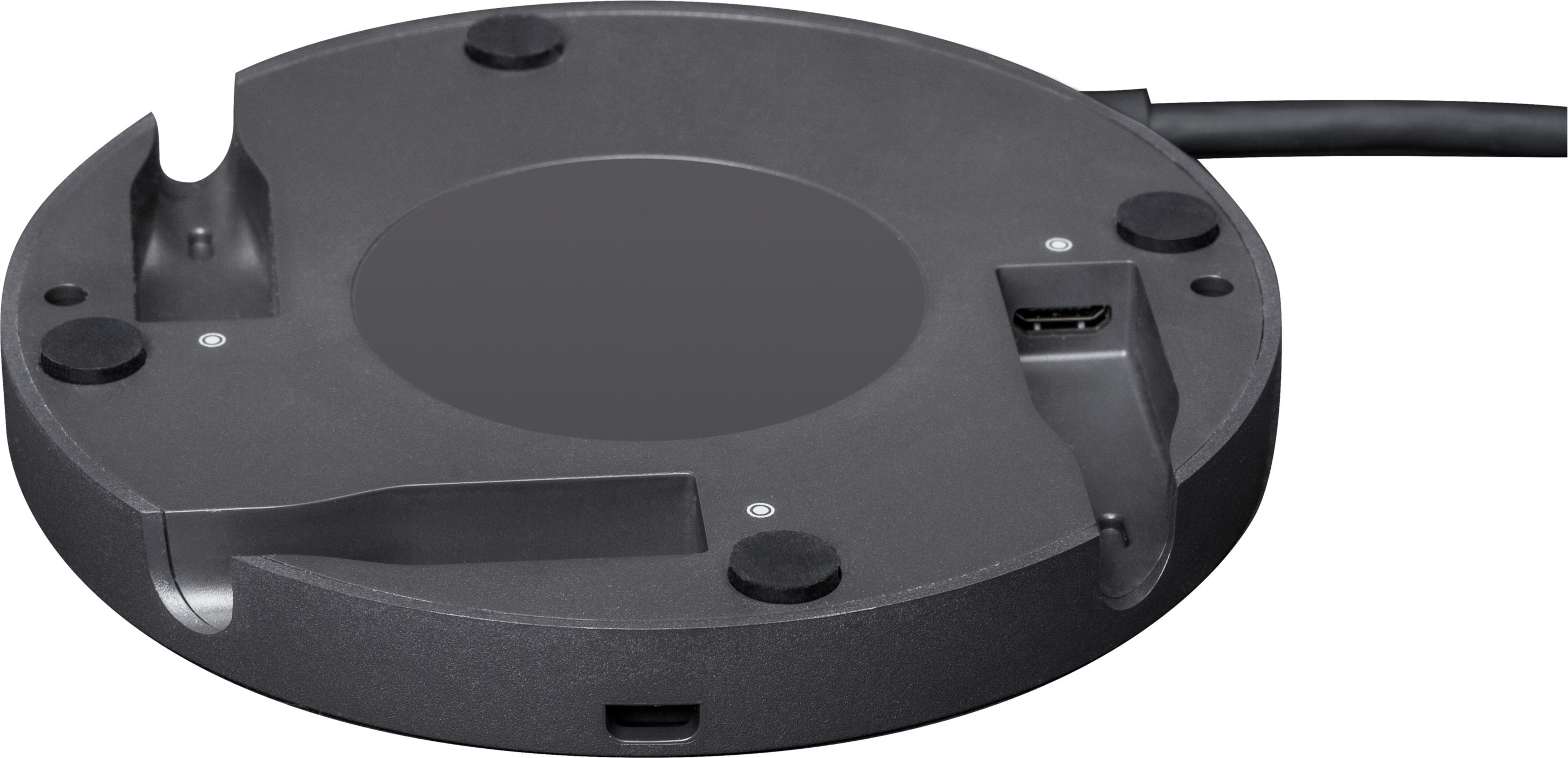 Zwart, cirkelvormig oplaadpad. Voorzien van een USB-poort en twee uitsparingen.