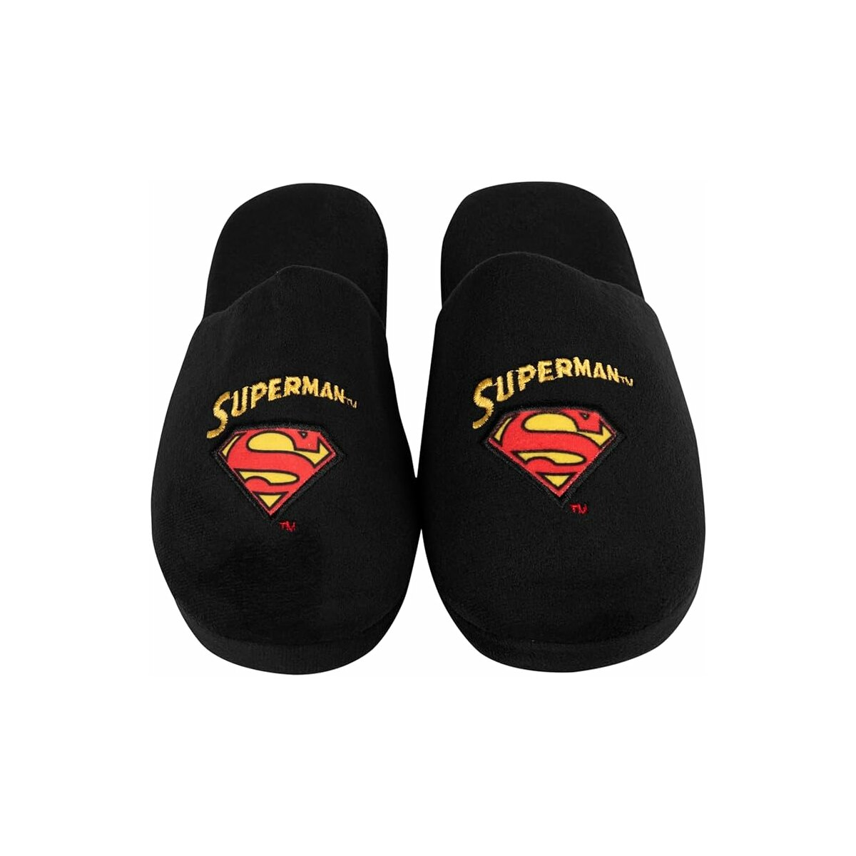 Ein Paar schwarze Superman-Hausschuhe mit dem Superman-Logo in der Mitte.