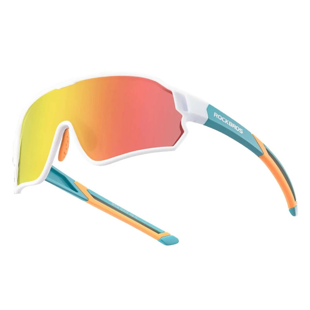 Sportsonnenbrille mit weißem Rahmen und farbenfrohen Gläsern. Die Bügel sind blau und orange.