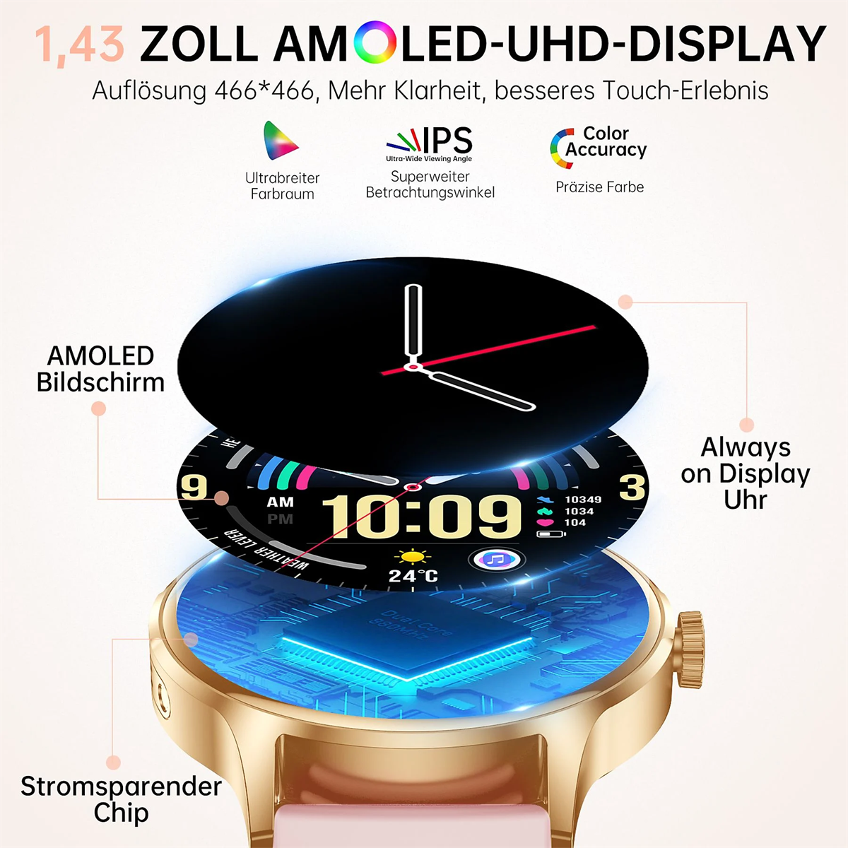 Smartwatch mit Anzeige von Uhrzeit, Datum und verschiedenen Metriken. Ein goldenes Gehäuse mit pinkfarbenem Armband.