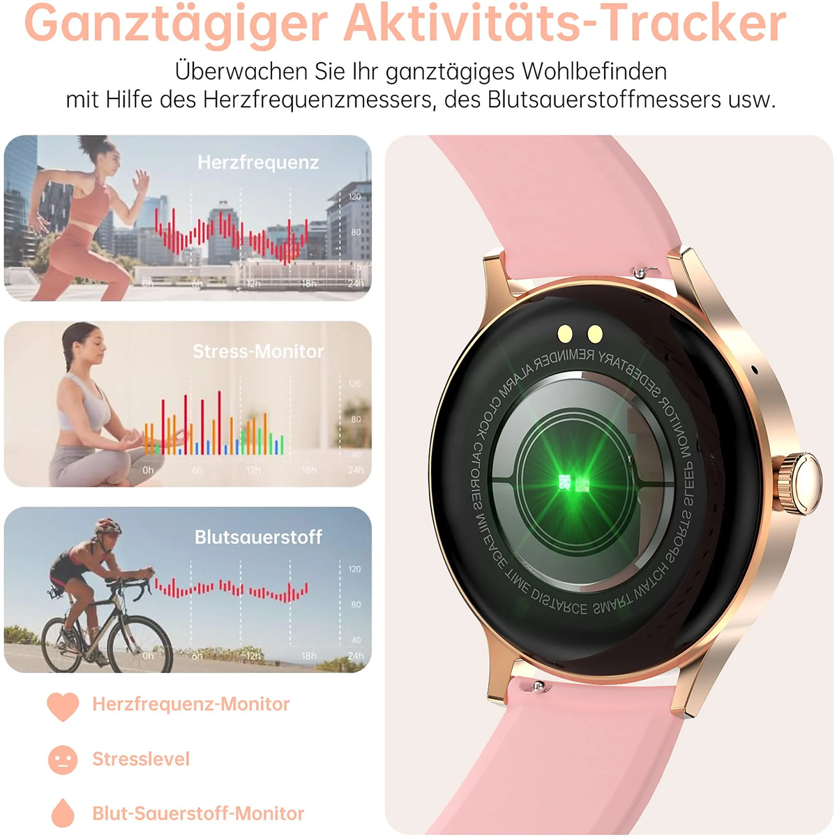 Smartwatch mit Anzeige von Gesundheitsmetriken und Diagrammen mit pinkfarbenem Armband.