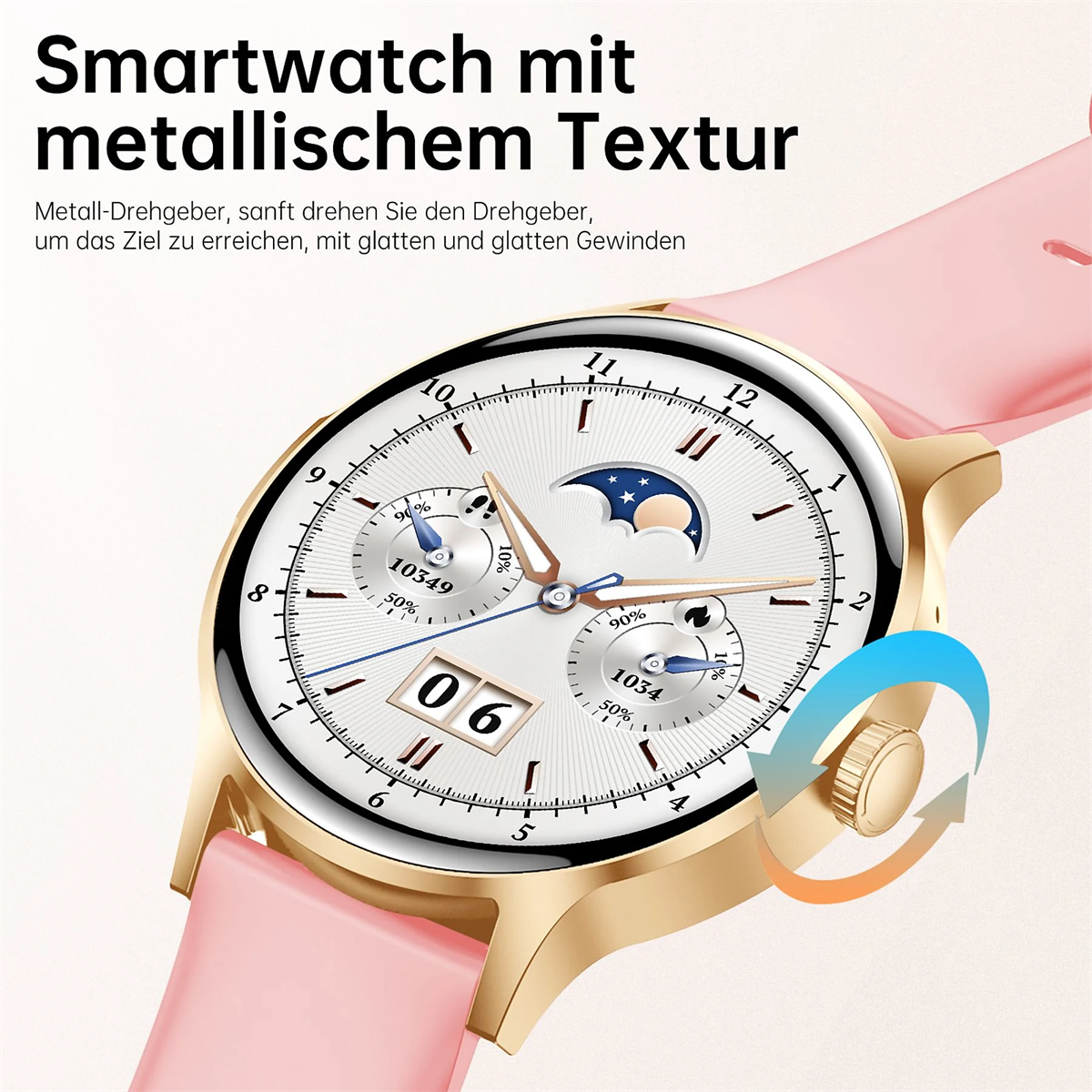 Eine goldfarbene Smartwatch mit rosa Armband. Das Zifferblatt zeigt Zahlen und eine Mondphasenanzeige.