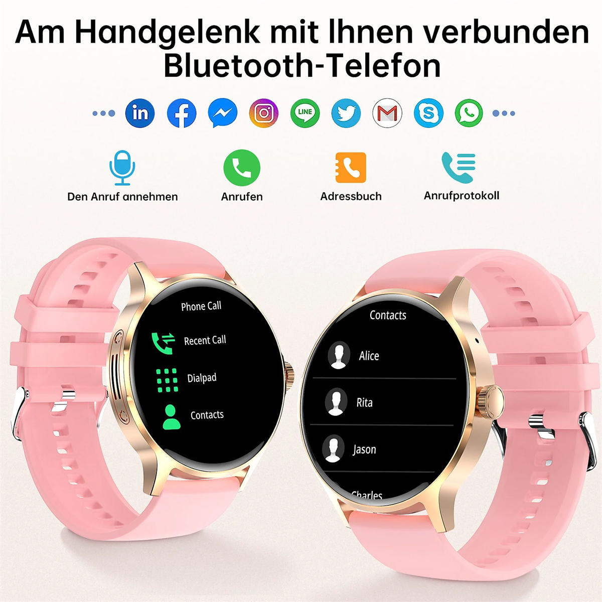 Zwei pinke Smartwatches mit unterschiedlichen Displays, die Anruf- und Kontaktoptionen zeigen.