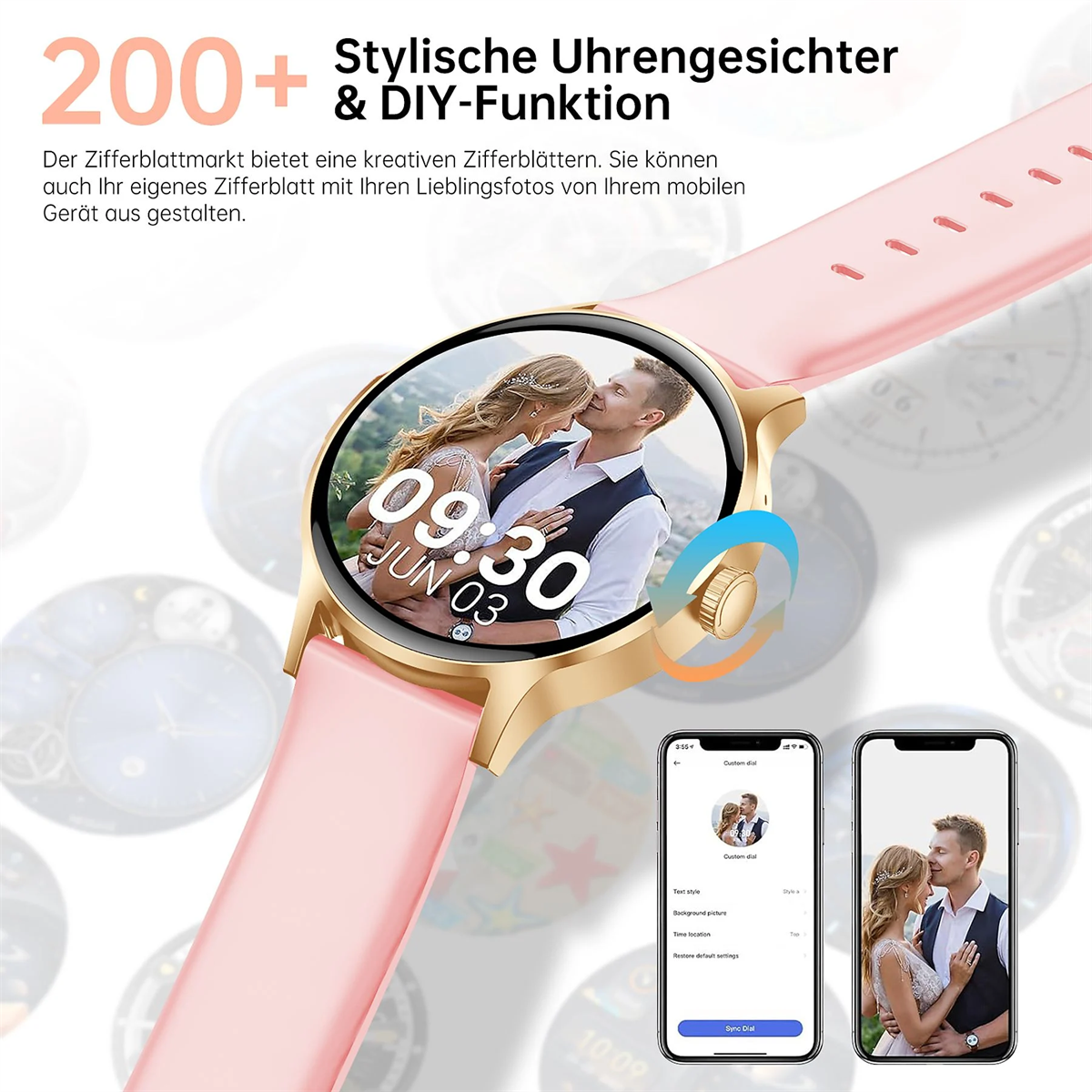 Eine rosa-goldene Smartwatch, die ein Foto eines Paares anzeigt, mit zwei Telefonbildschirmen mit Anpassungsoptionen.