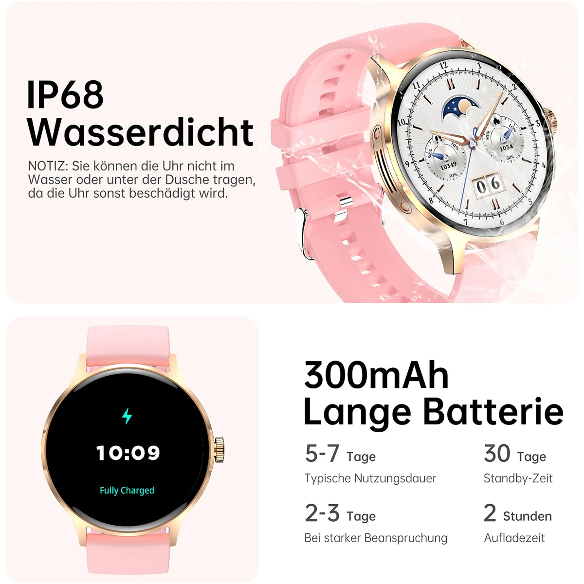 Eine pinke Smartwatch mit goldenem Rahmen, die die Uhrzeit anzeigt. Merkmale sind Akkulaufzeit und IP68 Wasserdichtigkeit.